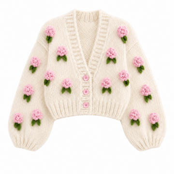 Cream Cropped Cardigan with Pink Floral Appliqués and Balloon Sleeves