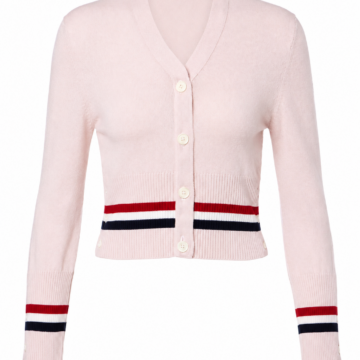 Pink Cropped V-Neck Cardigan with Striped Trim