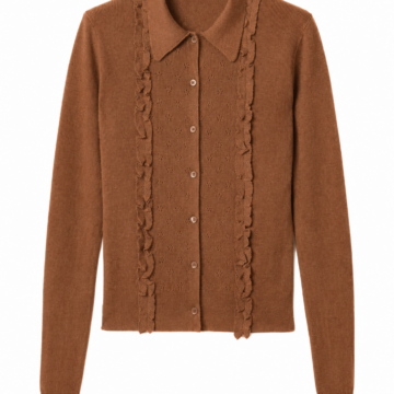 Brown Ruffled Front Knit Cardigan with Collar