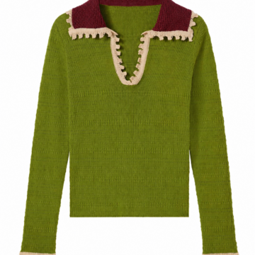 Green V-Neck Sweater with Burgundy Trim