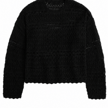 Black Open-Knit Pointelle Sweater – Oversized Cropped Crew Neck