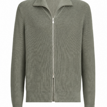 Women's Sage Green Full-Zip Knit Sweater – Spread Collar & Silver Zipper