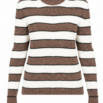 White and Brown Striped Brushed Knit Sweater – Classic Crew Neck