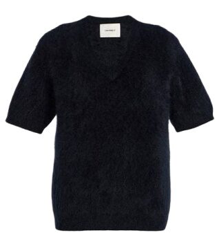 Black Fuzzy Textured V-Neck Short Sleeve Knit Sweater