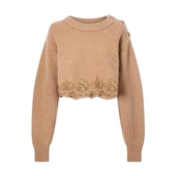 Tan Cropped Ribbed Knit Sweater with Floral Open-Knit Hem