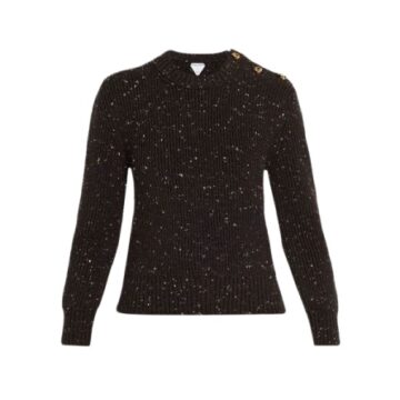 Black Fitted Ribbed Knit Sweater with V-Neck and Gold Button Detail