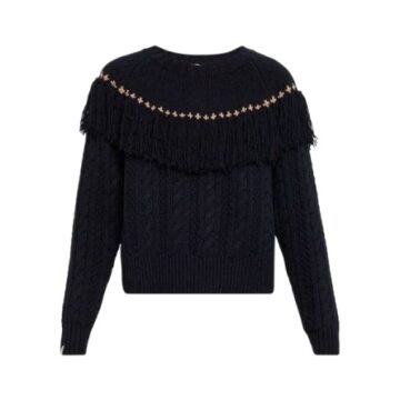 Black Cable-Knit Sweater with Studded Yoke and Fringe Detail