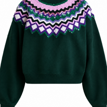 Dark Green Cropped Boxy Knit Sweater with Multicolor Zigzag Chevron Pattern