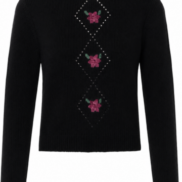 Black Diamond Flower Pattern Knit Sweater with Classic Crew Neck